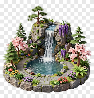 Serene Waterfall In A Garden Landscape PNG