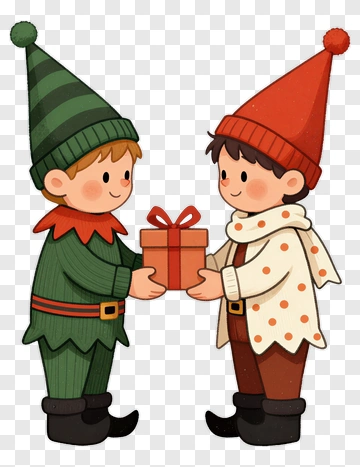 Cartoon Elves Exchanging A Gift PNG
