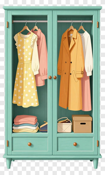 Colorful Wardrobe With Dresses And Folded Clothes PNG