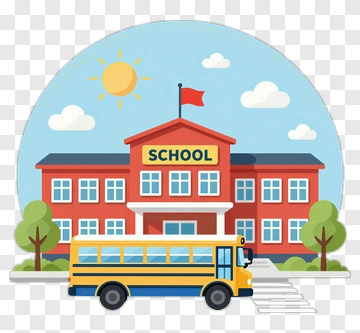 School Building With Yellow Bus PNG
