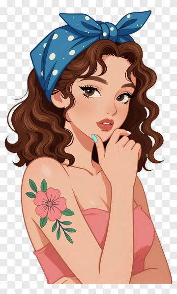 Cartoon Woman With Flower Tattoo And Blue Headband PNG