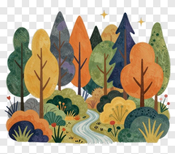 Colorful Forest With Trees And A Stream PNG