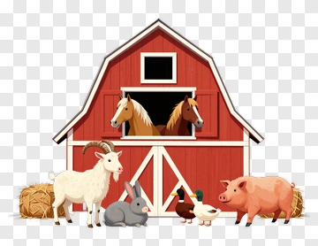 Farm Animals In Front Of A Red Barn PNG