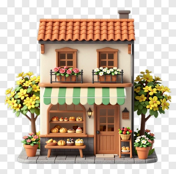 3D Bakery Shop With Colorful Flowers PNG