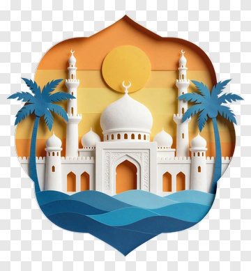Paper Cut Mosque With Palm Trees And Sunset PNG