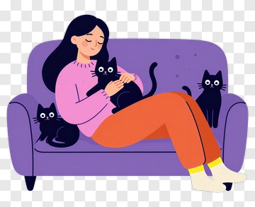 Woman Cuddling Cats On A Sofa PNG