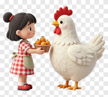 Girl Holding A Basket Of Oranges With A Chicken PNG