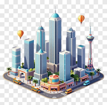 Colorful City Skyline With Hot Air Balloons PNG