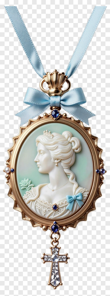 Elegant Cameo Pendant With Blue Ribbon And Cross PNG