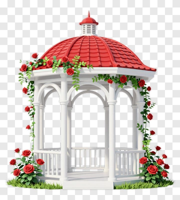 White Gazebo Surrounded By Red Roses PNG
