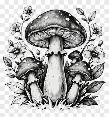 Black And White Mushroom Composition With Flowers PNG
