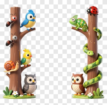Colorful Tree With Cartoon Animals And Insects PNG