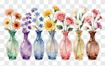 Colorful Flower Vases With Various Blooms PNG