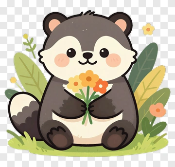 Cute Cartoon Raccoon Holding A Bouquet Of Flowers PNG