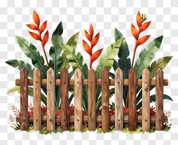 Wooden Fence With Tropical Plants And Flowers PNG