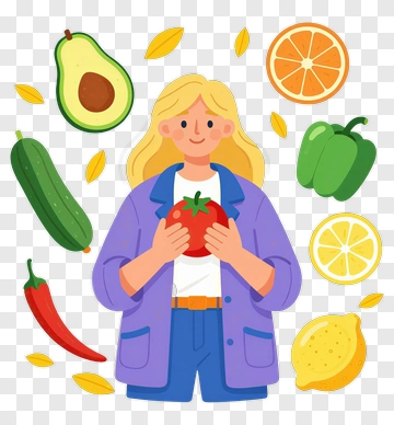 Woman Holding A Tomato Surrounded By Fresh Vegetables And Fruits PNG