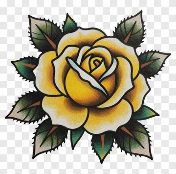 Tattoo Style Yellow Rose With Green Leaves PNG