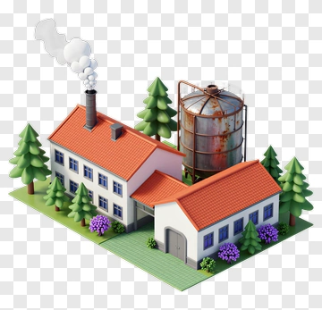 3D Industrial Building With Smoke And Trees PNG