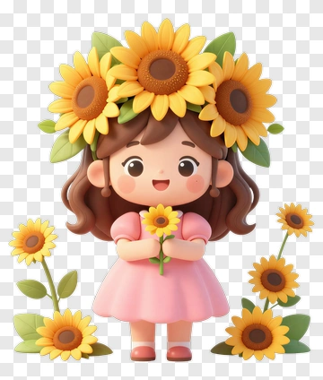 Cartoon Girl Holding A Sunflower PNG