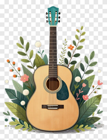 Acoustic Guitar Surrounded By Colorful Flowers And Leaves PNG
