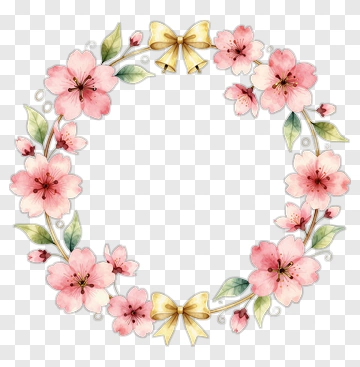 Watercolor Floral Wreath With Pink Flowers And Bow PNG