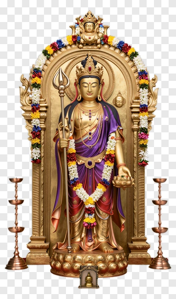 Golden Statue Of Goddess With Floral Decorations PNG