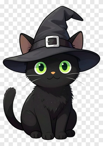 Cartoon Black Cat Wearing A Witch Hat PNG