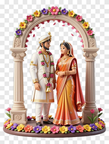Indian Wedding Couple Under Floral Arch PNG