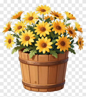 Wooden Flower Pot Filled With Sunflowers PNG