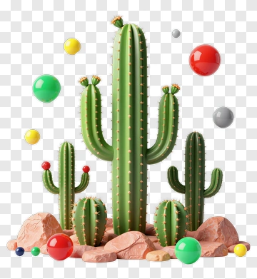 3D Cactus Surrounded By Colorful Balls PNG