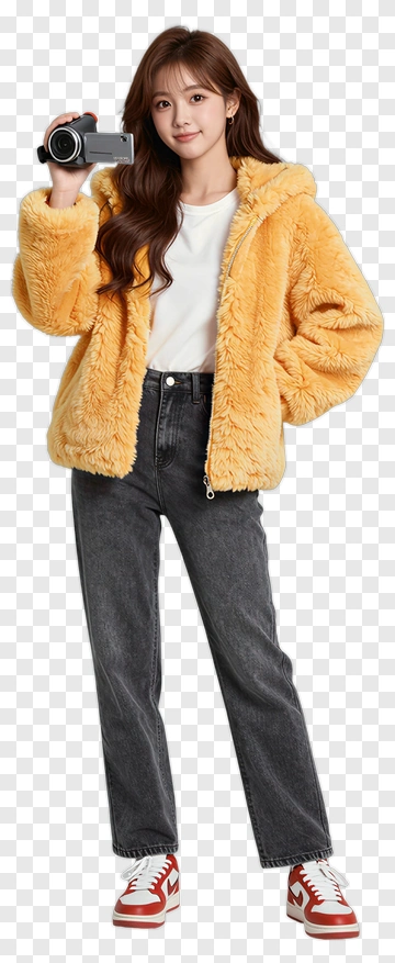 Young Woman Holding A Camera In A Yellow Jacket PNG