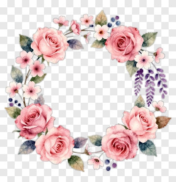 Watercolor Floral Wreath With Pink Roses PNG