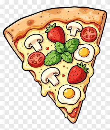 Cartoon Pizza Slice With Strawberries And Mushrooms PNG