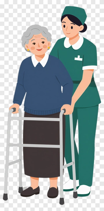 Nurse Assisting An Elderly Woman With A Walker PNG