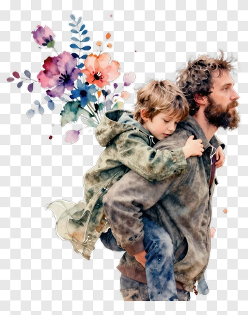Father Carrying Son With Floral Background PNG