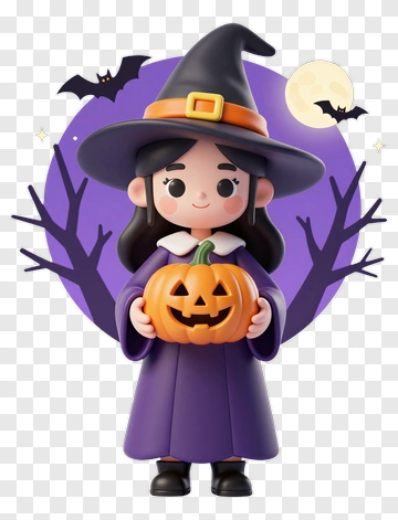 Cartoon Witch Holding A Pumpkin Candy Bucket PNG
