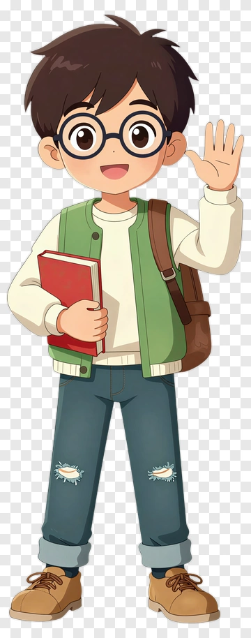 Cartoon Boy Holding A Book And Waving PNG