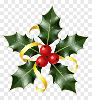 Holly Leaves With Red Berries And Yellow Ribbons PNG