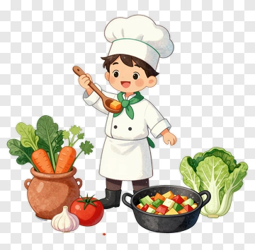 Cartoon Chef Holding A Spoon With Vegetables PNG