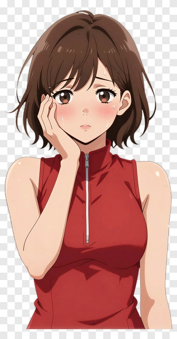 Anime Girl In Red Top Looking Thoughtful PNG