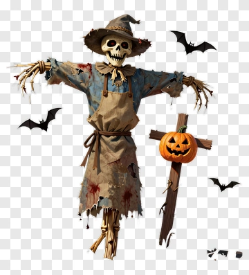 Halloween Scarecrow With Pumpkin And Bats PNG
