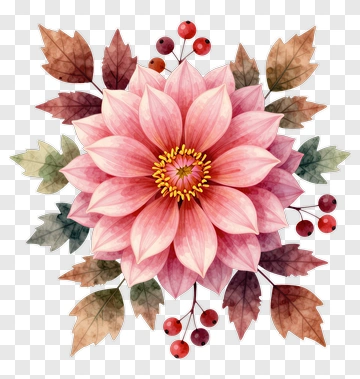Pink Flower With Leaves And Berries PNG