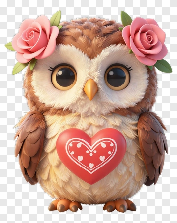 Cute Owl Holding A Heart With Roses PNG