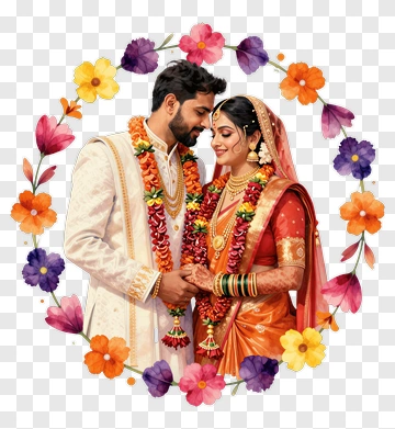 Couple In Traditional Wedding Attire Surrounded By Flowers PNG