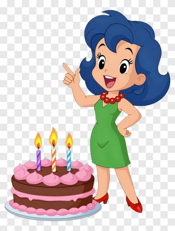 Cartoon Woman Pointing At Birthday Cake PNG