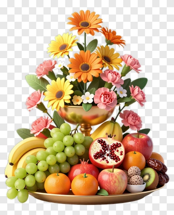 Colorful Fruit And Flower Arrangement PNG