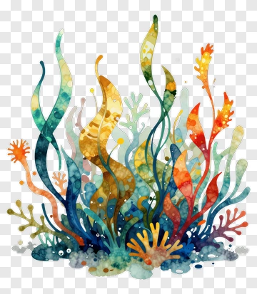 Colorful Watercolor Seaweed And Coral Composition PNG