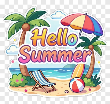 Hello Summer Beach Scene With Umbrella And Chair PNG