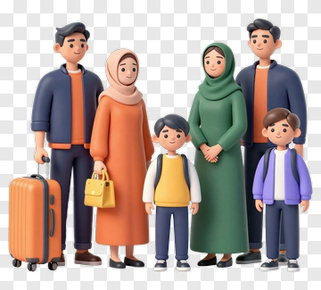 3D Family Standing Together With Luggage PNG