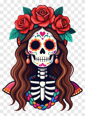 Colorful Skull Woman With Roses PNG